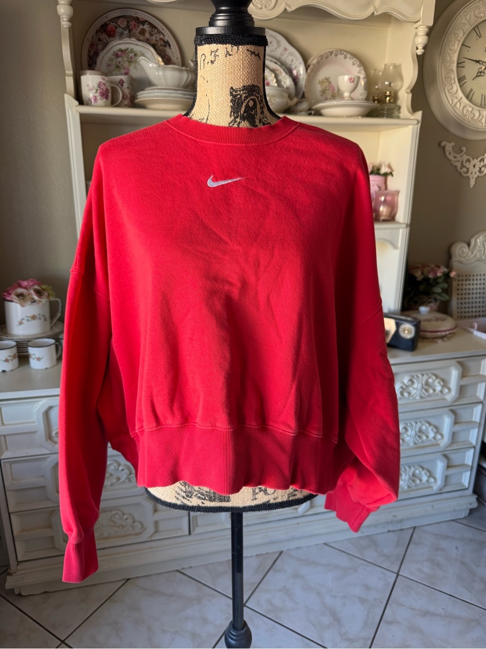 Nike Red Crewneck Cropped Sweatshirt with White Swoosh. Size L